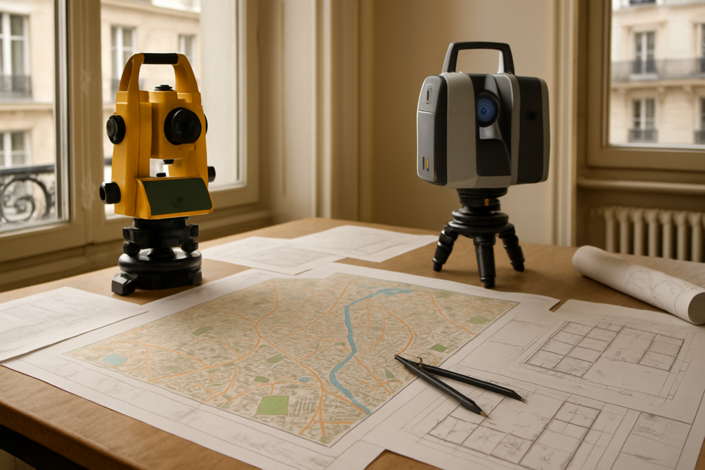 Géomètre à Paris utilisant un théodolite et scanner laser pour calculer les tantièmes de copropriété.