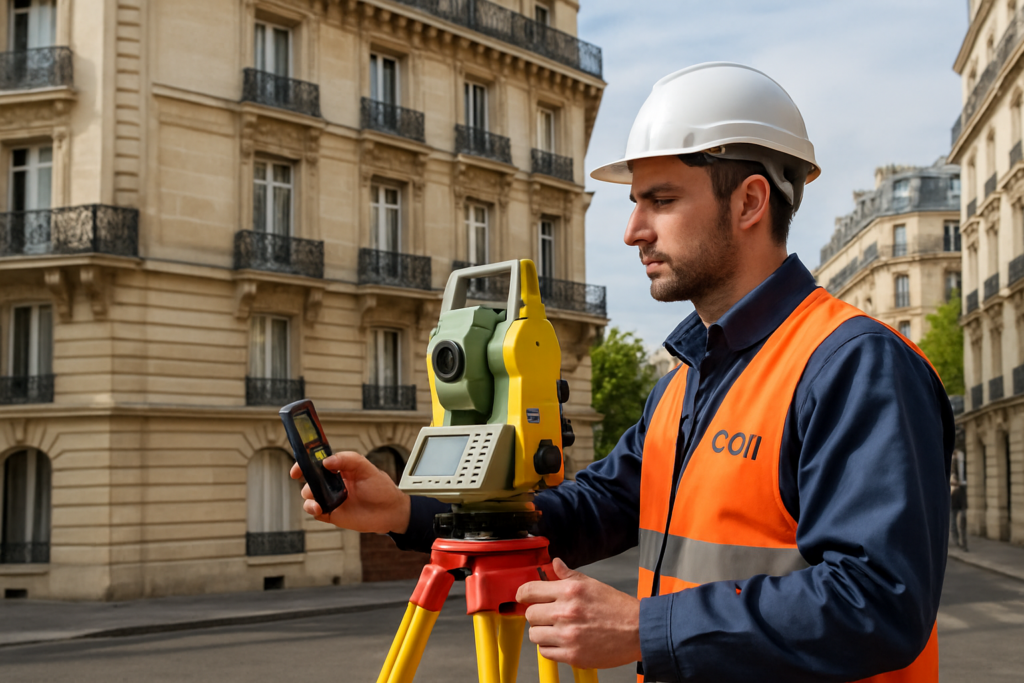 Géomètre-expert à Paris mesurant la surface privative d'un immeuble avec des instruments de haute précision.