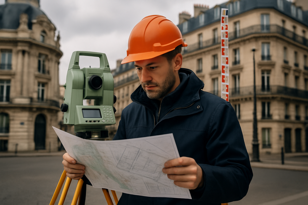 Géomètre-expert à Paris utilisant un théodolite pour mesurer des limites foncières, avec des bâtiments historiques en arrière-plan.